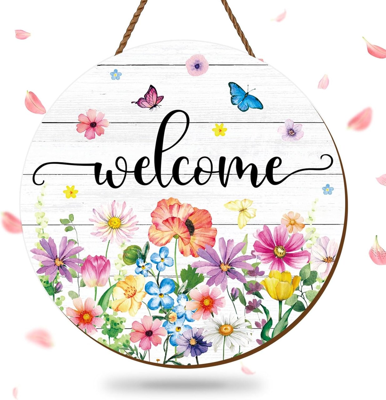Spring Flower Welcome Door Sign Wildflower Wooden Hanging Sign Floral Butterfly Door Hanger Sign for Spring Indoor Outdoor Farmhouse Home Porch Window Decor
